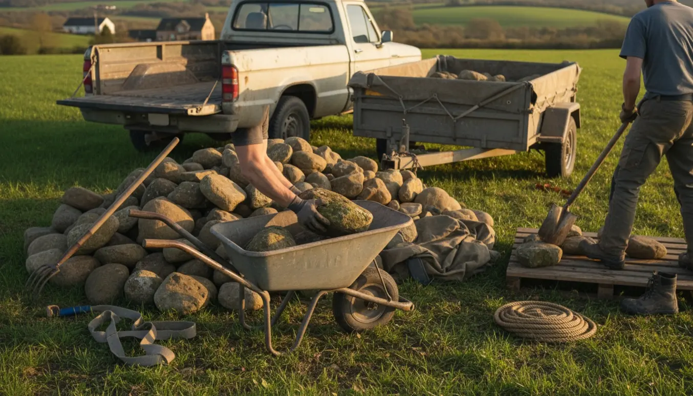 Marksten bliver samlet op og lastet på en pickup ved en mark.