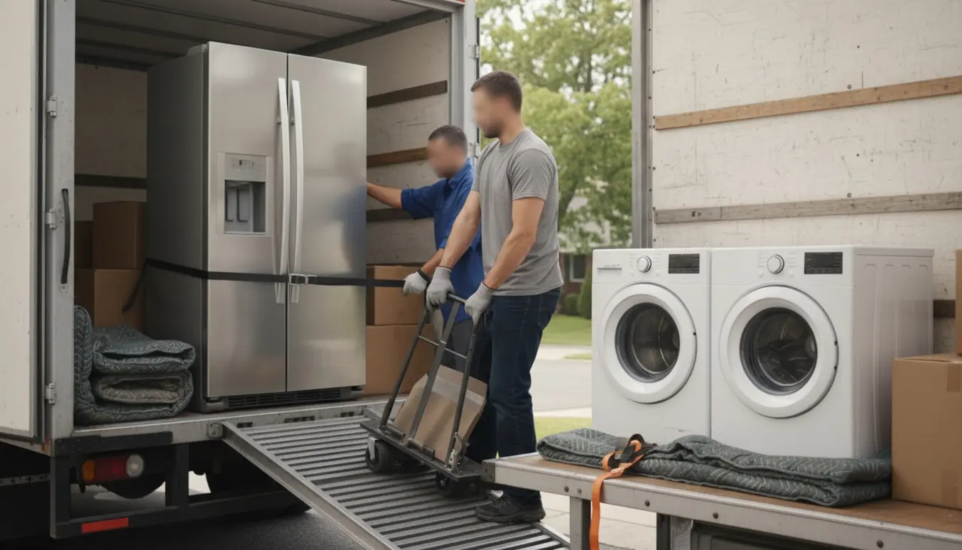 To flyttemænd læsser et stort amerikansk køleskab og to vaskemaskiner ind i en flyttebil med tæpper og trillebår.