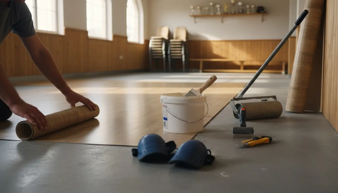 Linoleum rulles ud og limes på nystøbt betongulv i et klubhus med værktøj ved siden af.