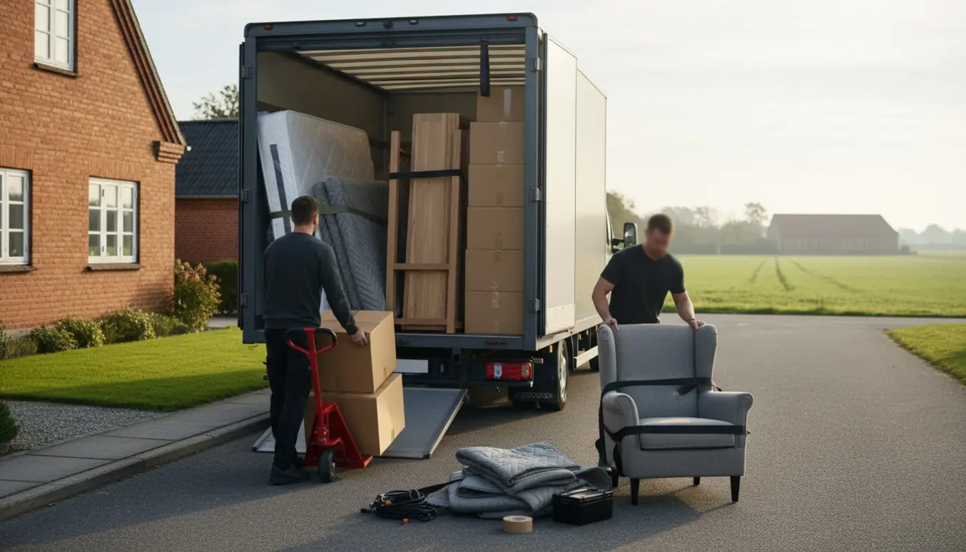 Flyttevogn læsses med møbler og flyttekasser foran et dansk rækkehus i blødt dagslys.
