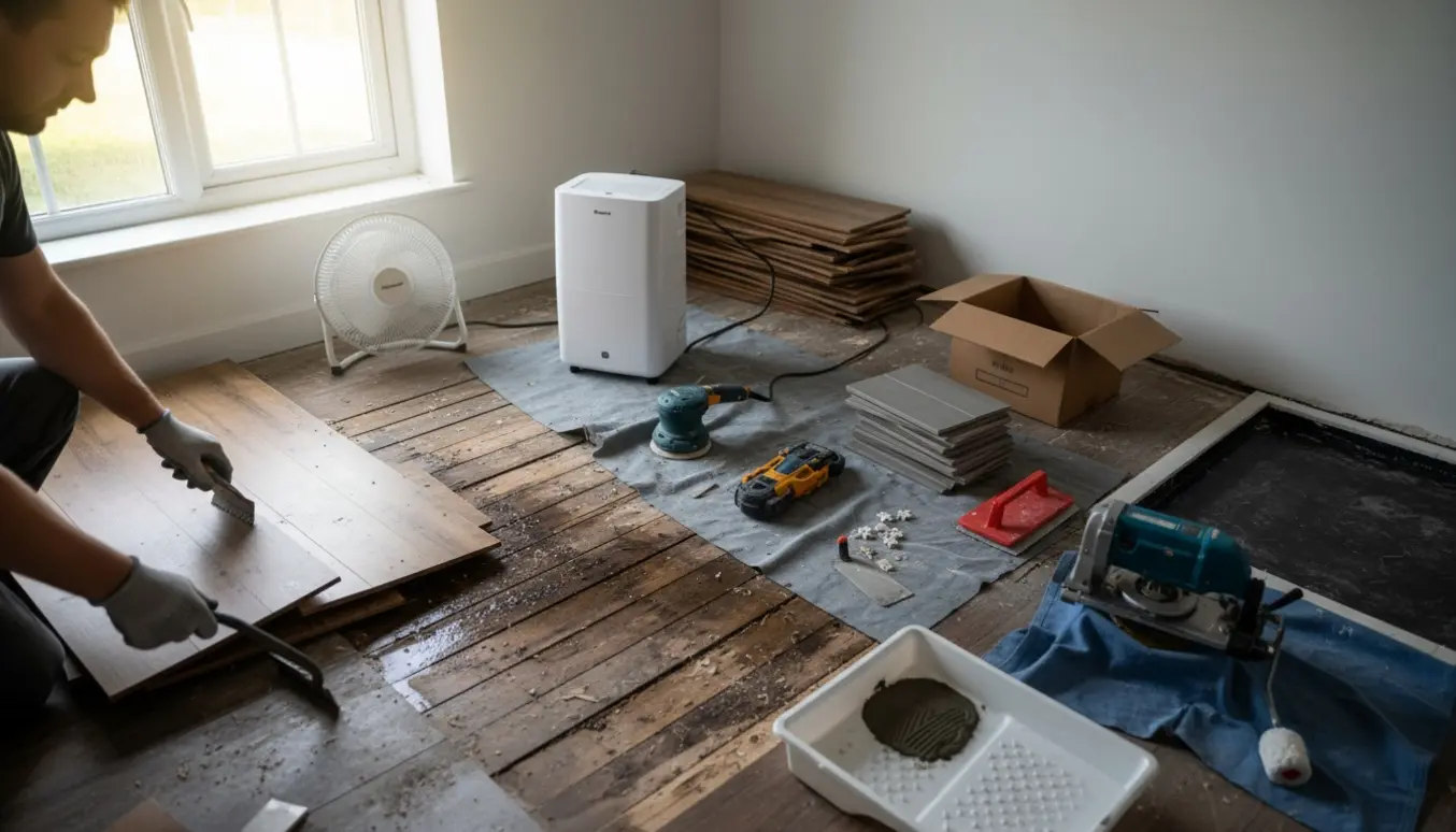 Håndværkere fjerner vandskadet laminat og forbereder gulv og fliser i et lille anneks.