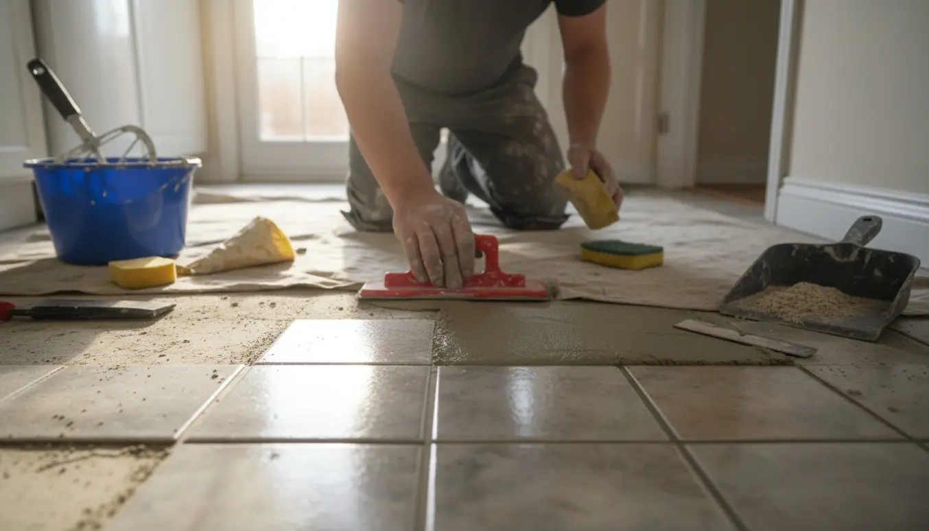 Nærbillede af køkkengulv og gang med gammel fuge fjernet og ny fuge under påføring.