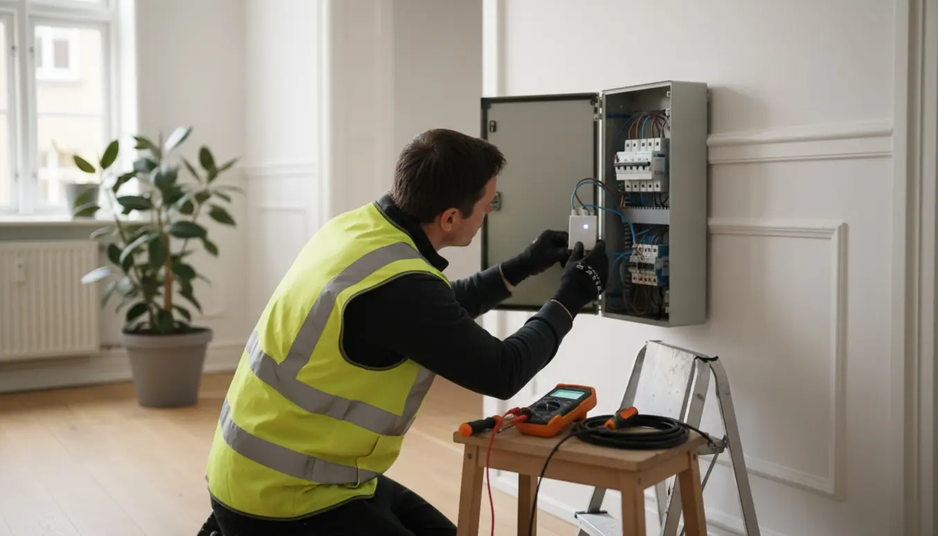 Elektriker diagnosticerer åben eltavle i en lys Østerbro-lejlighed med multimeter og værktøj.