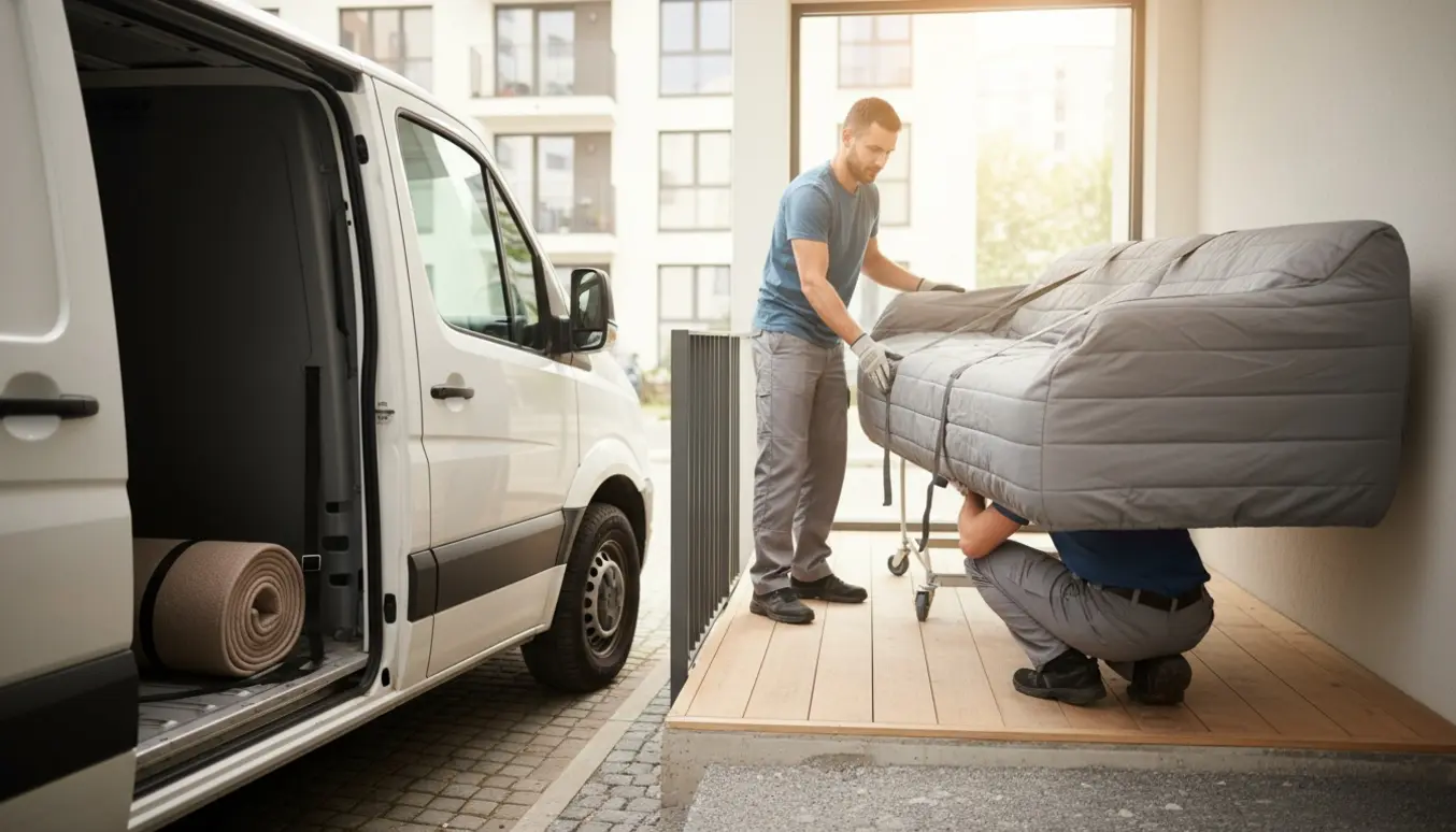 To flyttemænd bærer en tre-delt sovesofa op ad en opgang med tæppe og beskyttelse på varevogn.