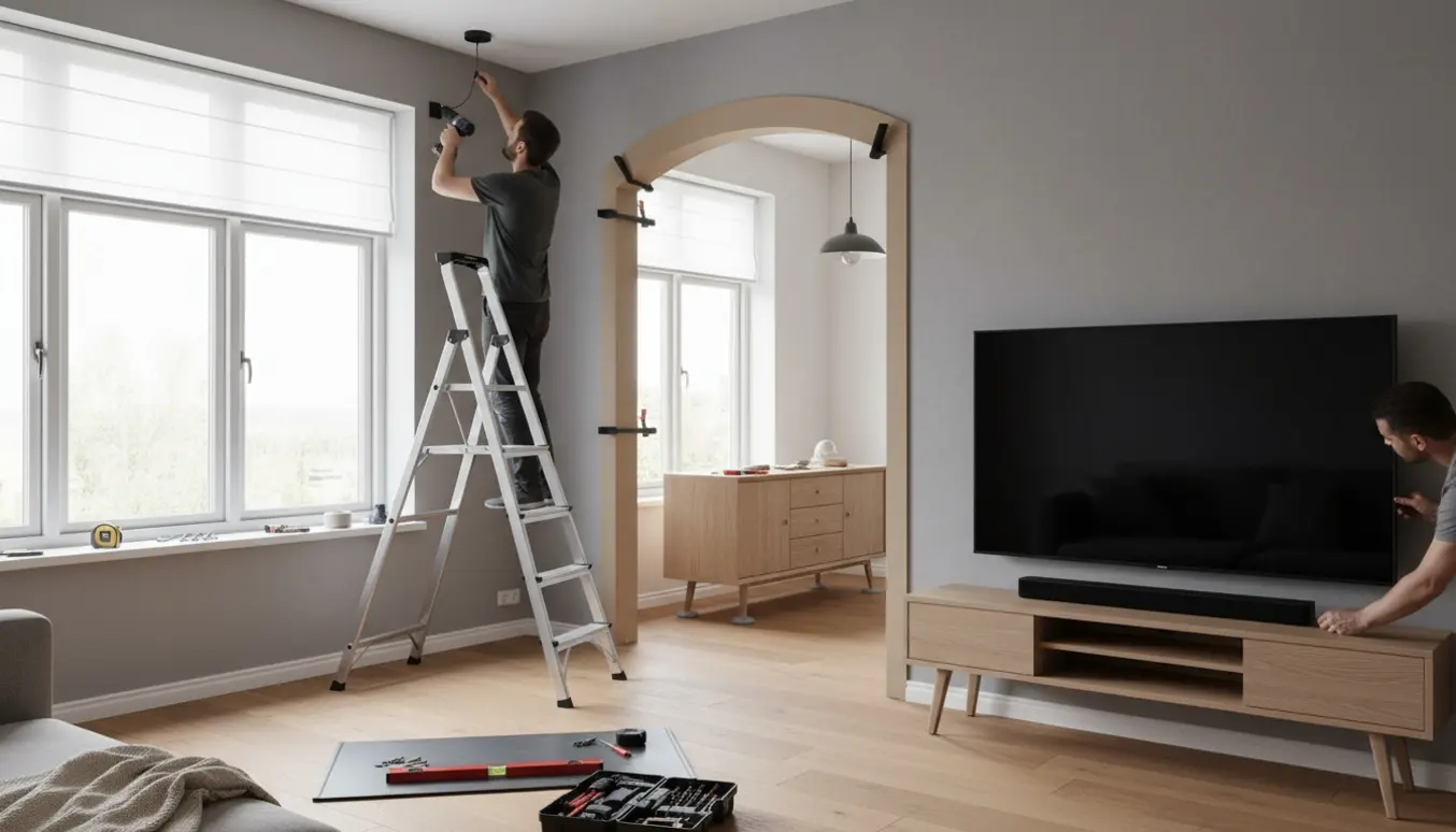 Stue under montage med hænder, der monterer gardinstang, loftslampe, rullegardin og soundbar, samt midlertidig papplade i døråbningen.