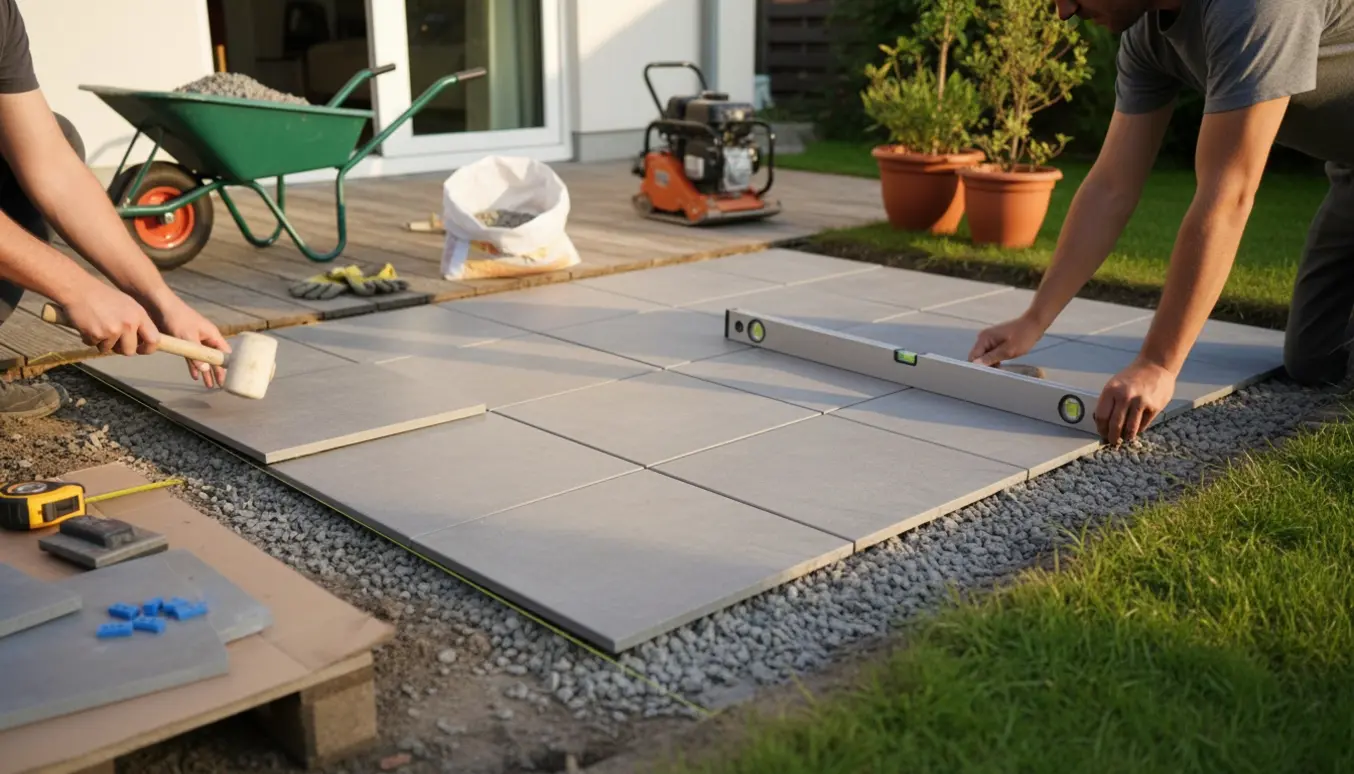 Hænder lægger 60x60 havesten på et nyt grusfundament som forlængelse af en terrasse.