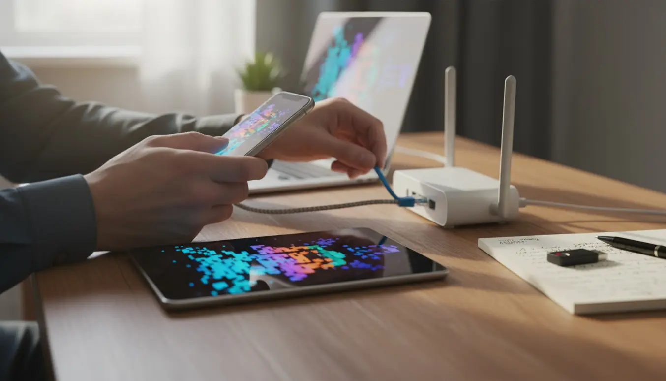 Smartphone og iPad med pixelerede skærme på et skrivebord, hænder der forsøger at genvinde adgang efter hack.