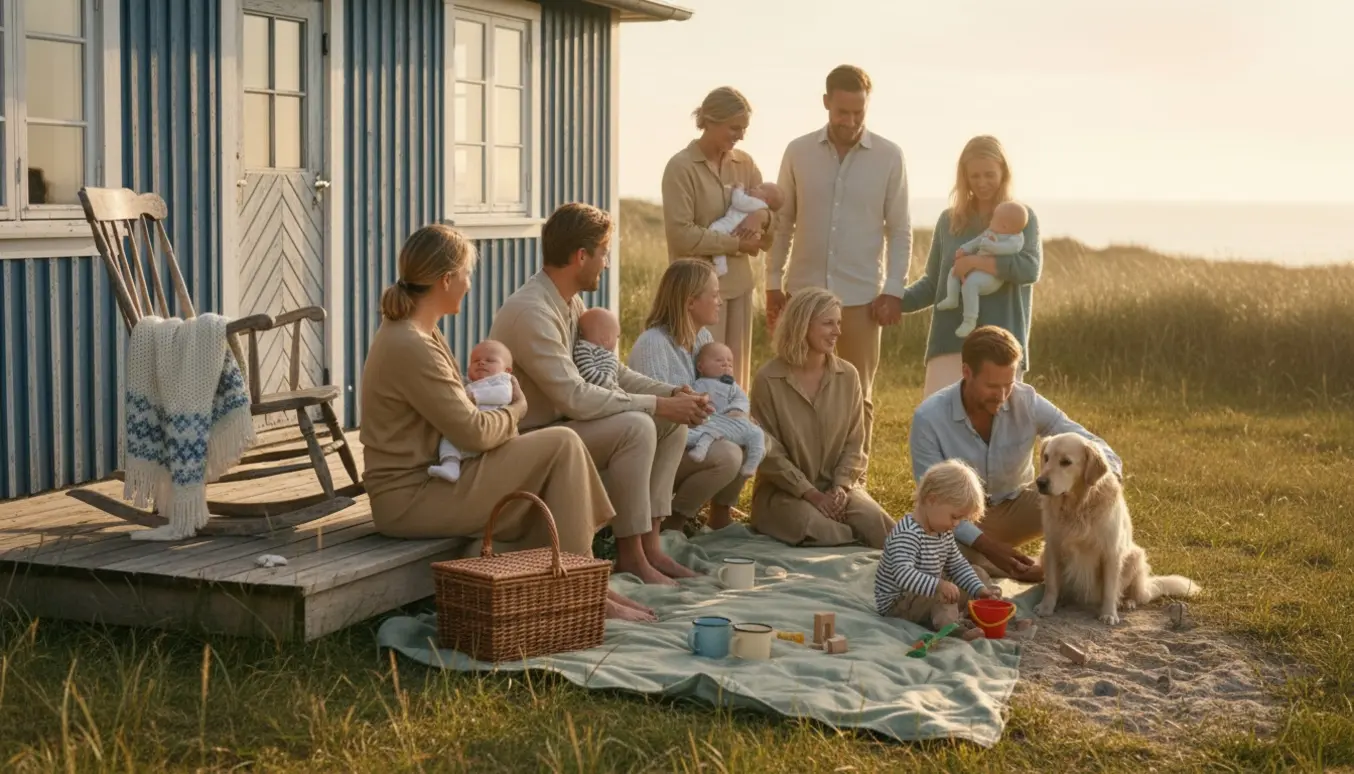 Fire generationer samlet udenfor ved et sommerhus i blødt aftenslys, med små børn og en hund.