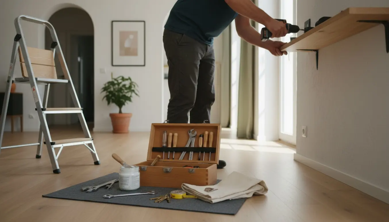 Handymand spænder en hylde fast i et lyst skandinavisk hjem.