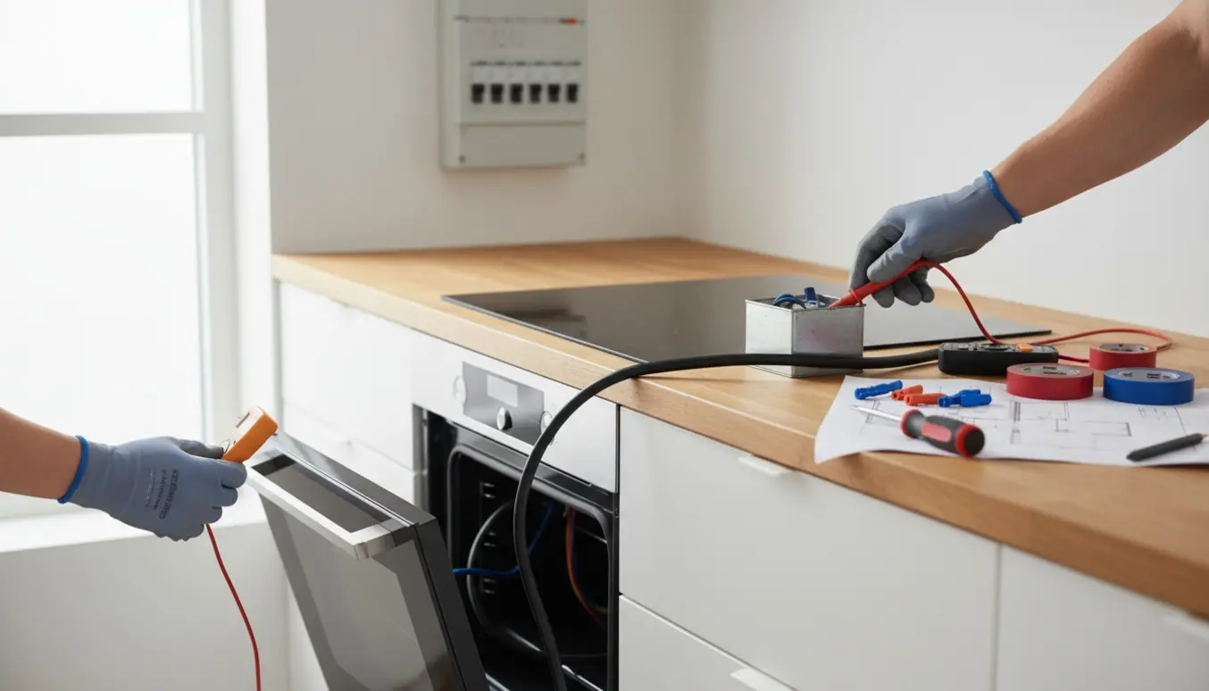 Elektriker inspicerer ovnens elinstallation i et moderne køkken med multimeter.