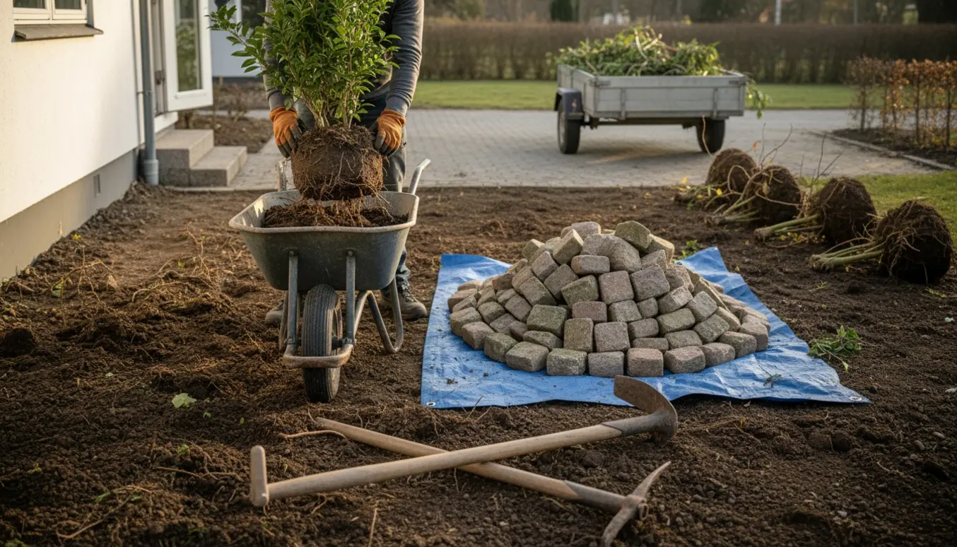 Forhave under rydning med stabler af herregårdsten, opgravede planter, trillebør og en halvfyldt trailer ved indkørslen.