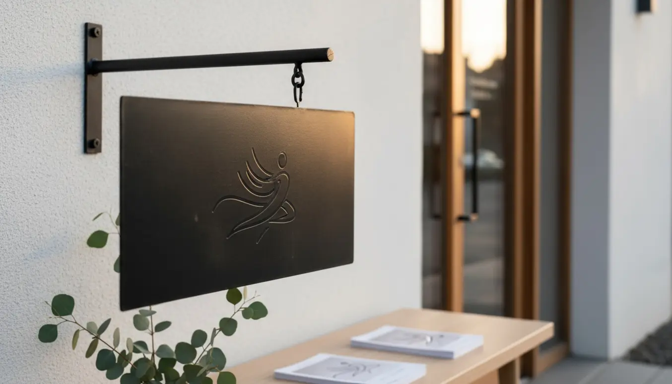Mat sort metalskilt med et abstrakt emblem uden tekst udenfor en massage- og coachingklinik, med slørede flyers på en træbænk.