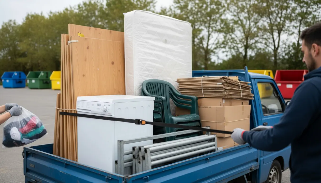 Lastet trailer med sorteret storskrald ved en genbrugsplads, en person spænder en strop set bagfra.