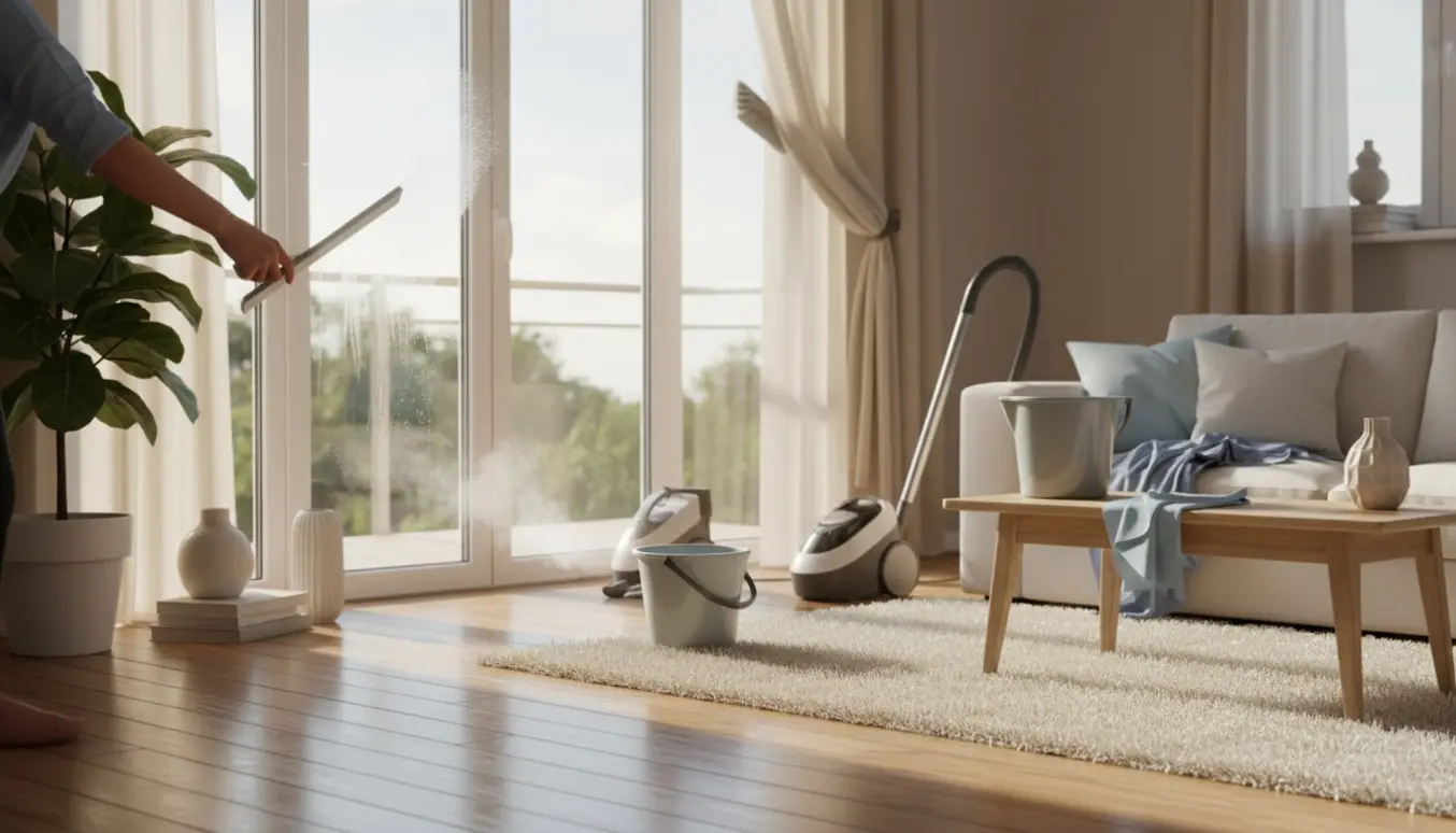 Solbeskinnet stue under hovedrengøring med vinduesskraber, damprenser og nyvaskede tekstiler.