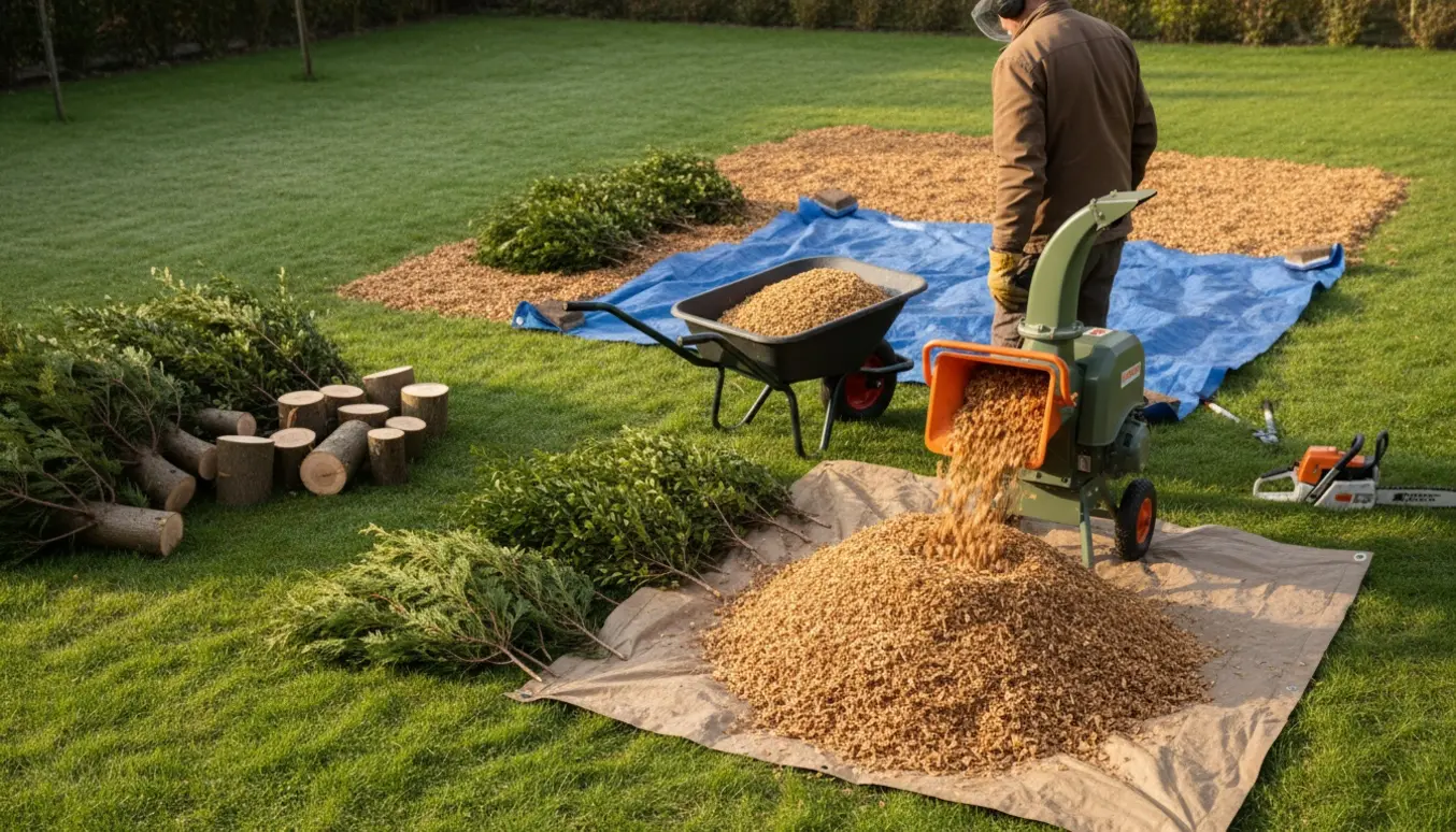 Træflismaskine gør tuja- og buksbomgrene om til en bunke frisk flis i en ryddet have.