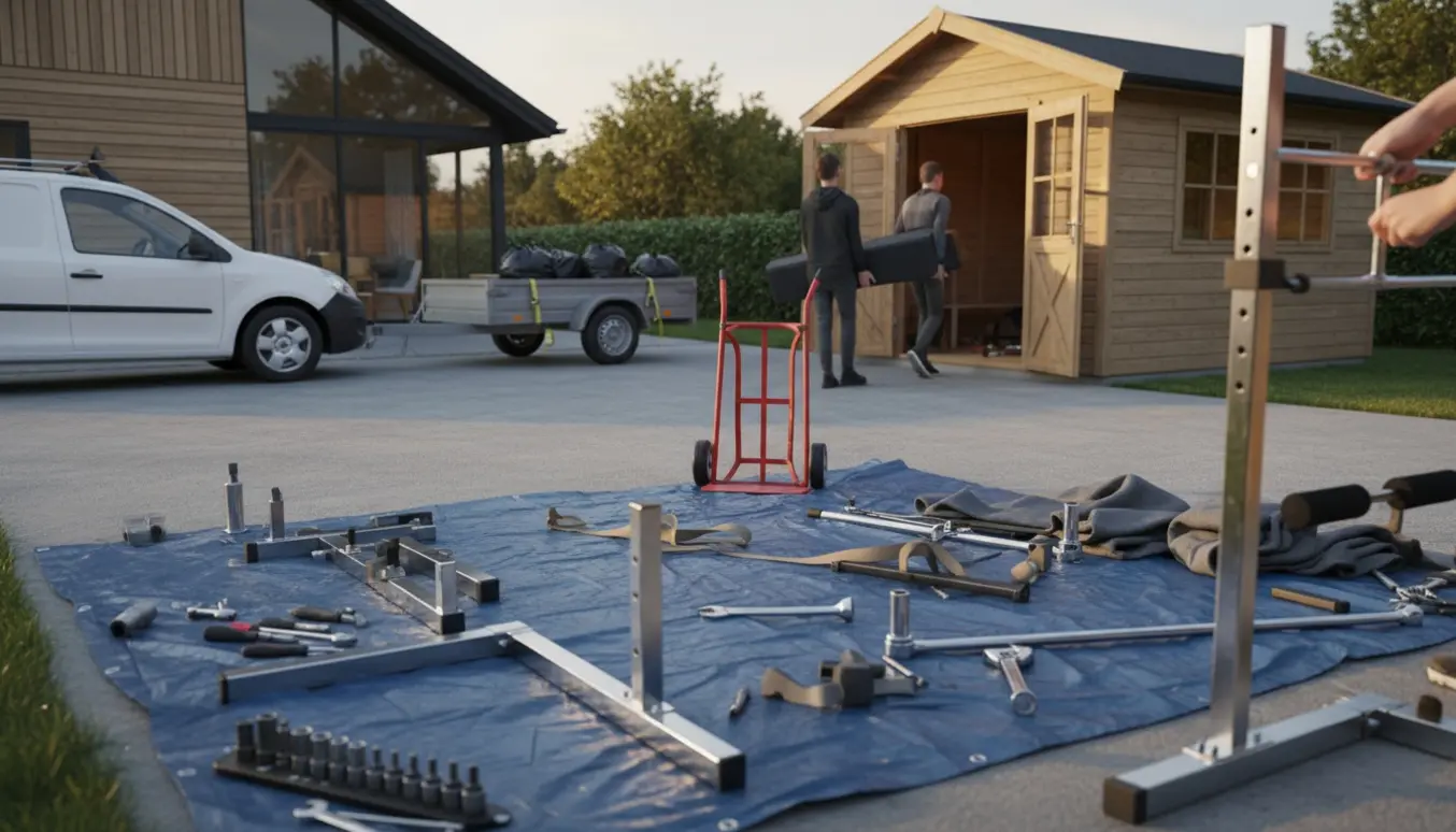 Delvist adskilt træningsmaskine og flytteudstyr i indkørsel ved et hus i Hellerup.