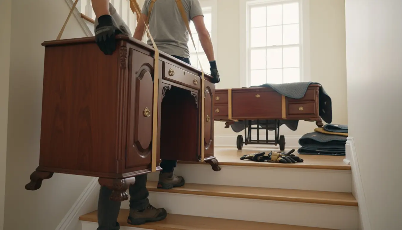 To personer bærer en tung mahogni-sekretær op ad en trappe med seler og flyttetæpper.