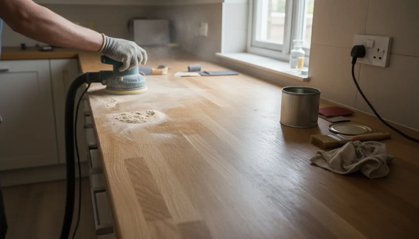 Hænder sliber og olierer et langt træ-køkkenbord med el-sliber, oliekrukke og klud i naturligt lys.