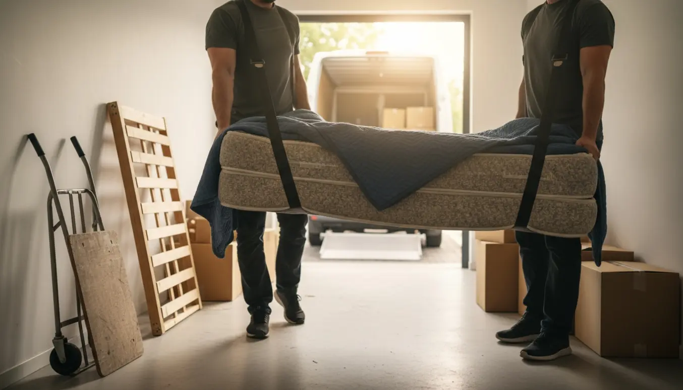 To personer bærer en madras gennem en lys entré mod en åben flyttebil.