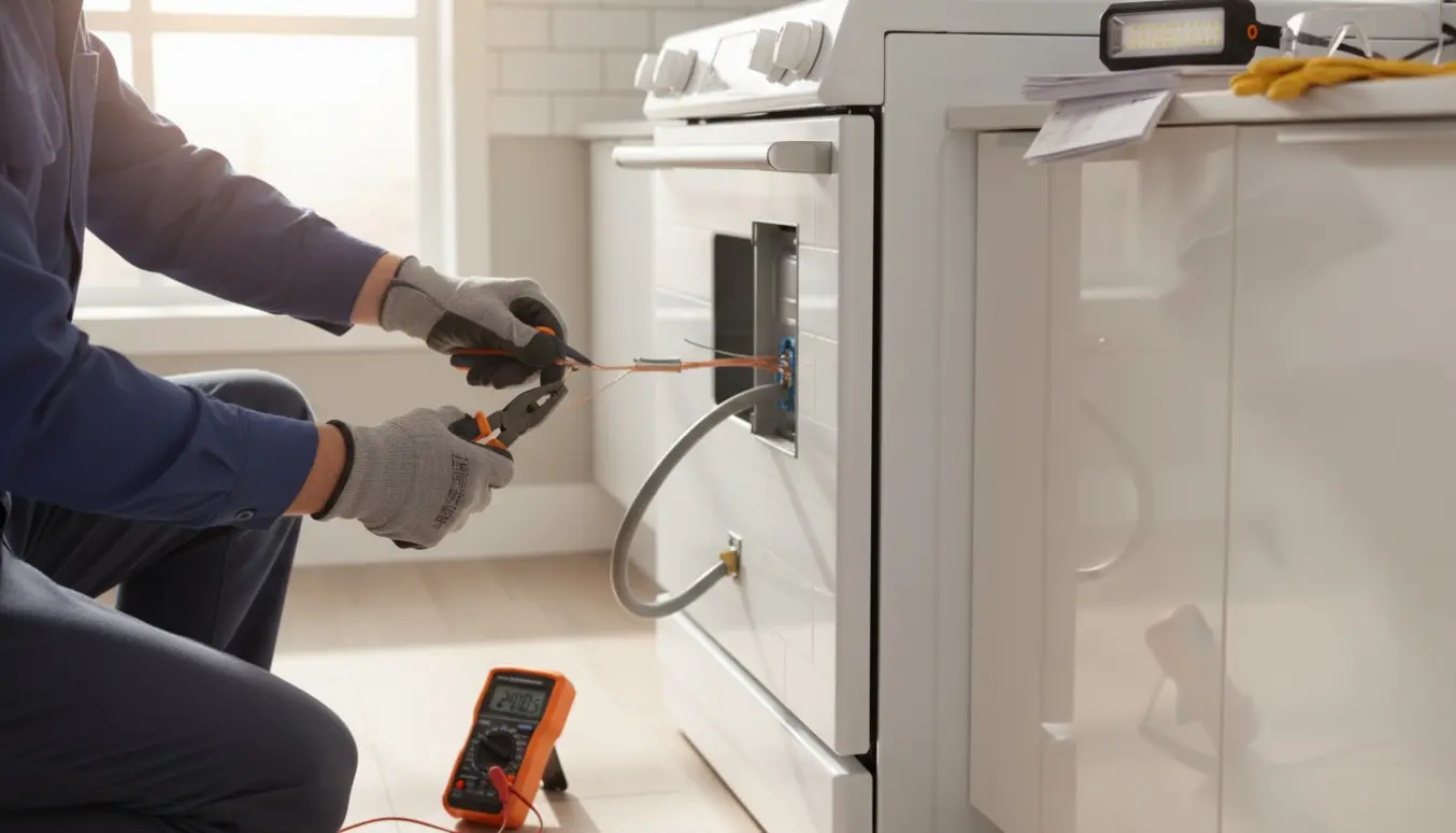 Elektriker tilslutter nyt fritstående komfur i et moderne køkken med fokus på kabler og værktøj.