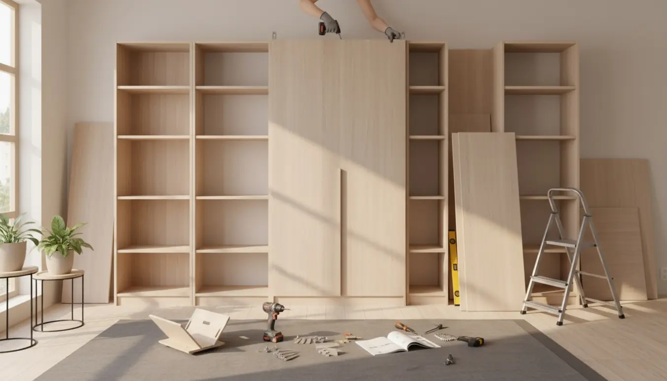 Næsten færdigmonteret garderobe og seks reoler ved en væg med værktøj og hænder, der fastgør beslag.