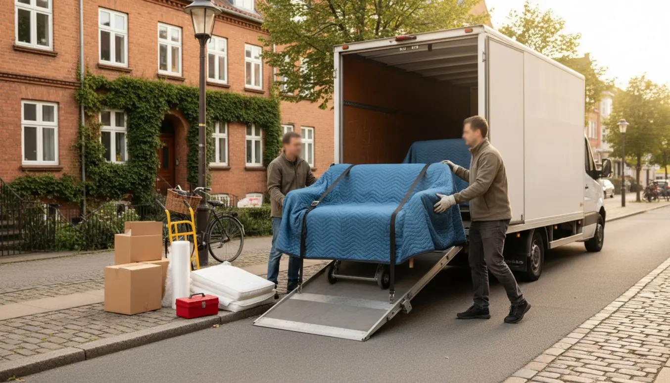 Et sofa pakket i flyttebetræk løftes ind i en flyttevogn på en rolig bygade.