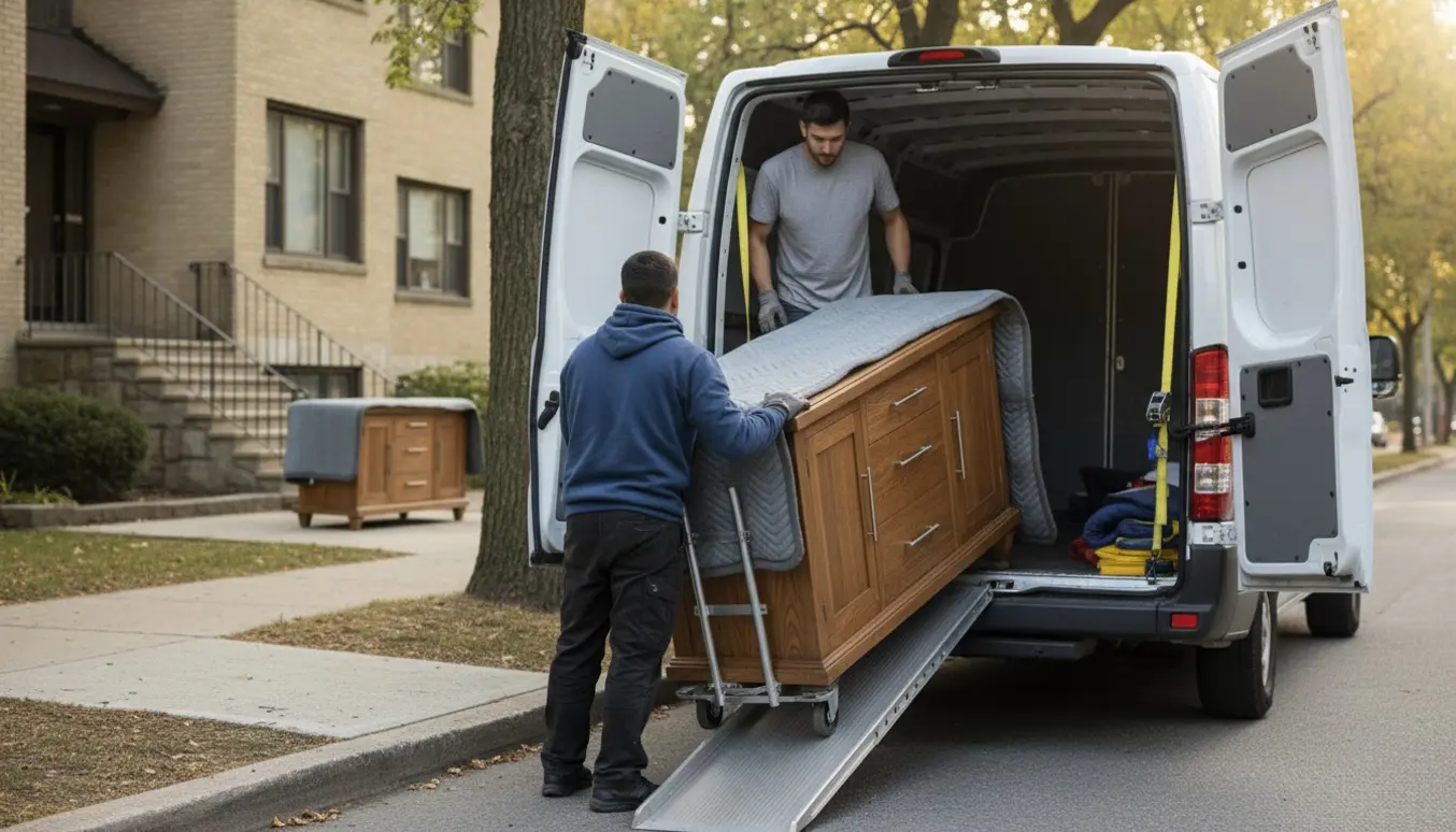 Varevogn med åben bagdør mens en skænk pakkes på en transportvogn på en rolig villavej.