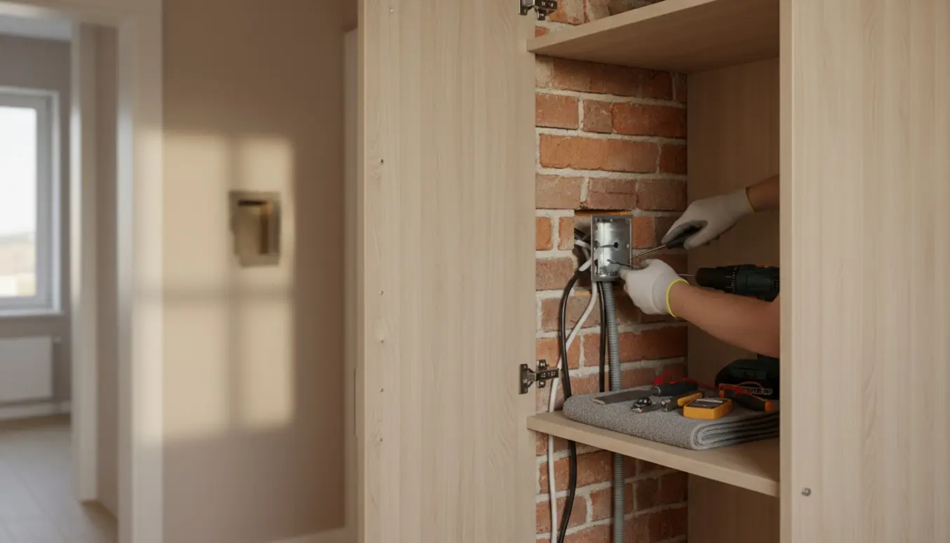 Elektriker monterer en elinstallationsboks på bagsiden af en mur inde i et åbent garderobeskab.