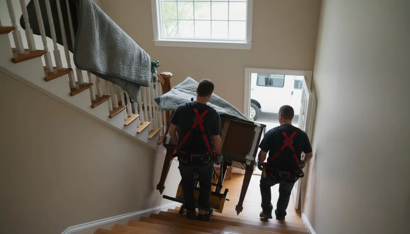 To flyttefolk bærer et delvist skilt klaver ned ad en trappe fra 2. sal, pakket i flyttetæpper.