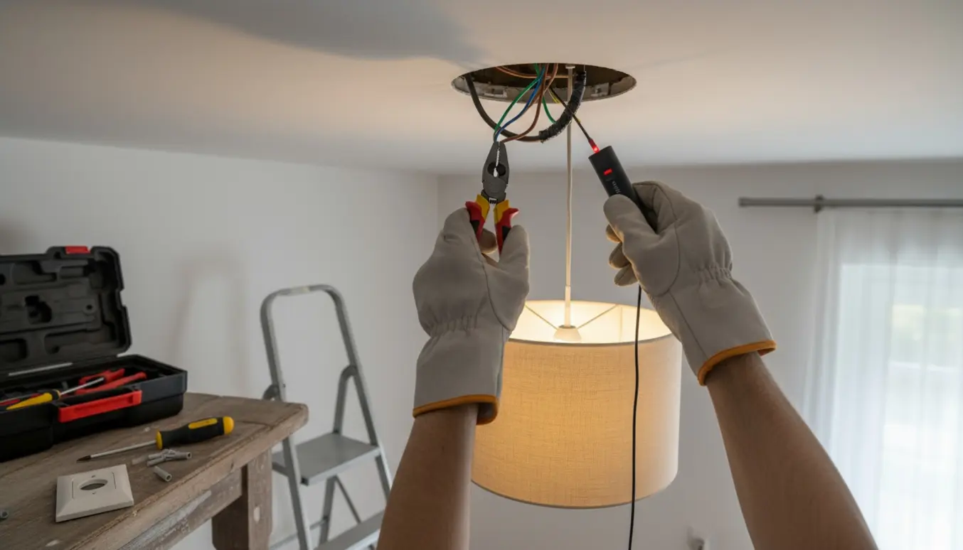 Hænder med isolerede værktøjer undersøger en tændt loftslampe og blottede ledninger efter en fejl i installationen.