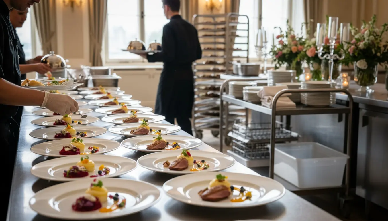 Langt bord med rækkevis anrettede tre-retters tallerkener til bryllupscatering, serveringspersonale og opvaskvogne i baggrunden.