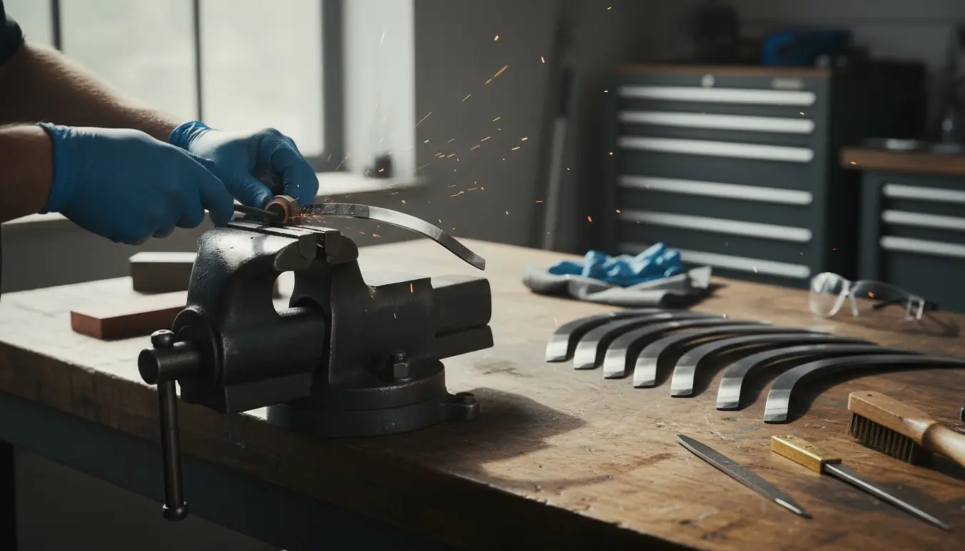 Syv afmonterede cylinderknive på et værkstedsbord, én i en skruestik under slibning.