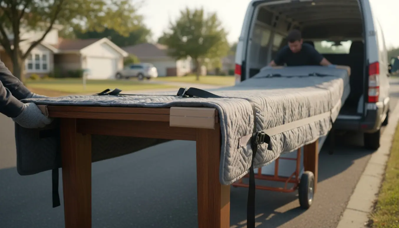 Et træspisebord pakkes og læsses forsigtigt ind i en hvid flyttevogn med tæpper og stropper.