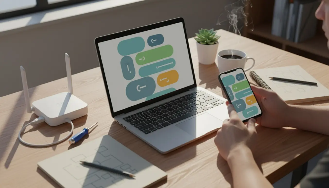 Hænder opsætter en app på laptop og smartphone med router og kabler på et ryddeligt skrivebord.