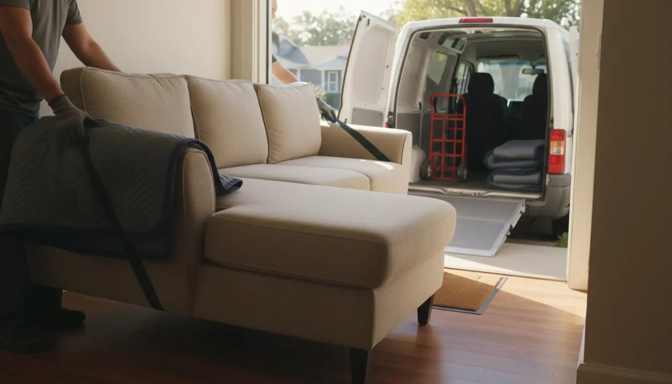 To personer løfter en chaiselong-sofa ud af en lejlighed og ind i en flyttebil på en solbeskinnet gade.