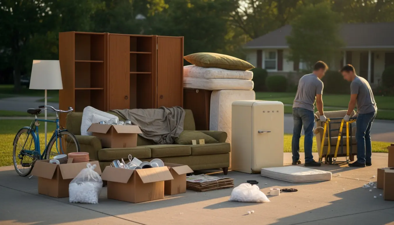 Storskrald og møbler stablet i indkørslen klar til afhentning med flytteudstyr og personer set bagfra.