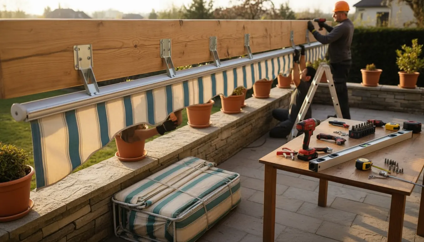 Ny markise monteres på terrassebjælke; håndværker ses bagfra med værktøj, gammel markise lagt til side.