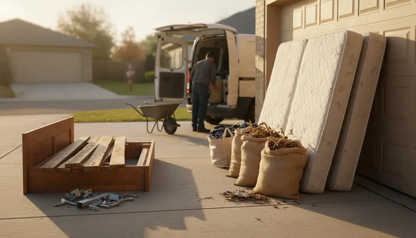 Nedtaget seng, to madrasser og sække med haveaffald og tøj på indkørsel klar til afhentning.