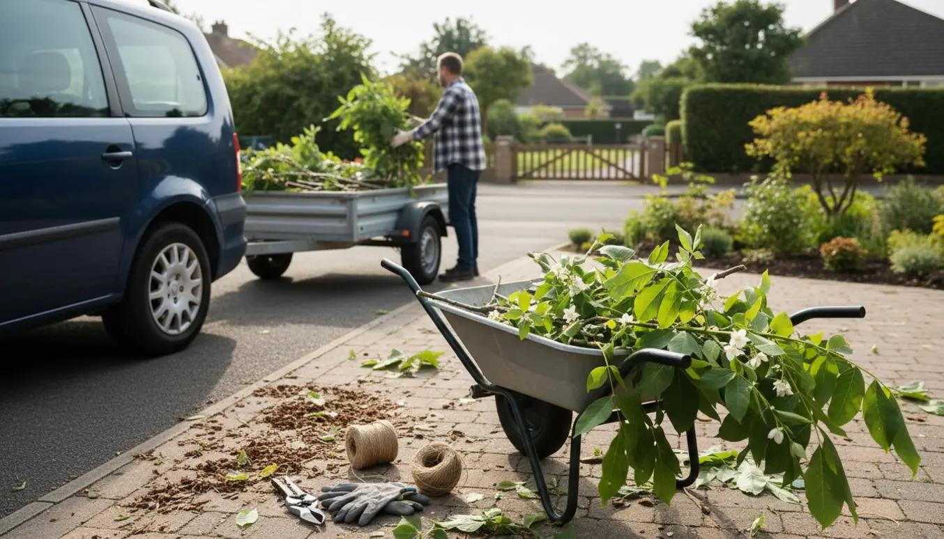 Grene fra valdnødde- og jasminbusk læsses i en trailer ved indkørslen.