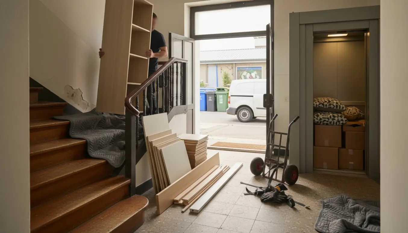 To personer bærer et skab ned ad opgangen, mens plader, lister og møbeldelene er stablet klar til afhentning til genbrugsplads.