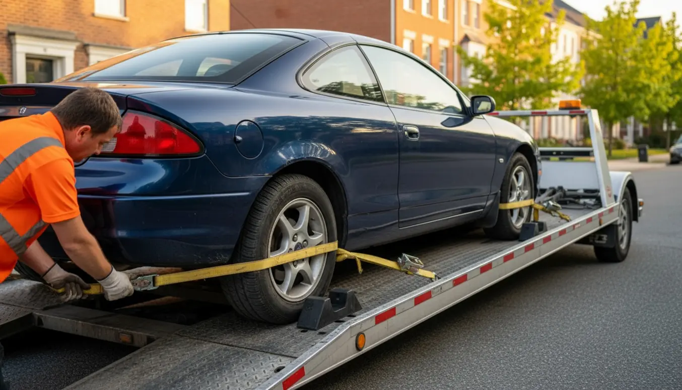 En ældre Ford Cougar læsses på en fladvogn, mens en tekniker spænder en strop.