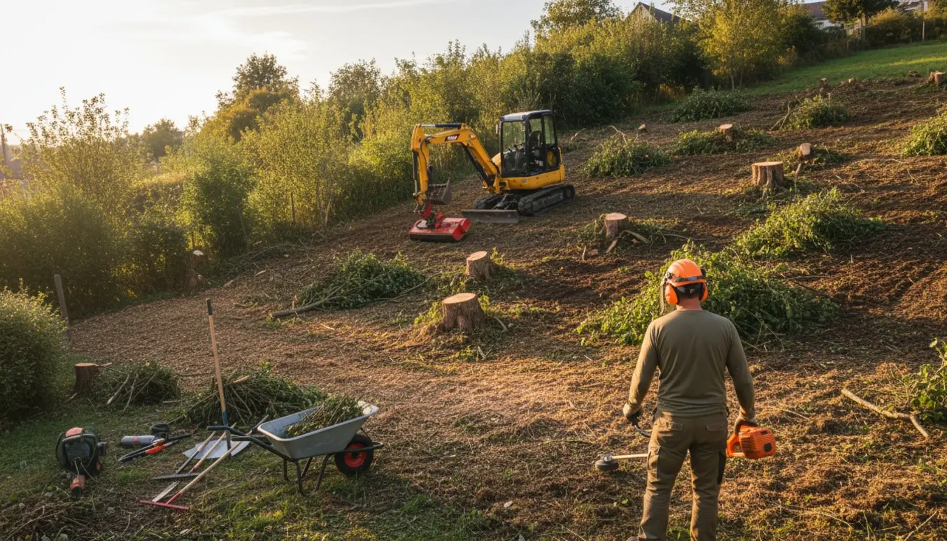 Let skrånende have under rydning med minigraver, værktøj og bunker af fræset materiale.