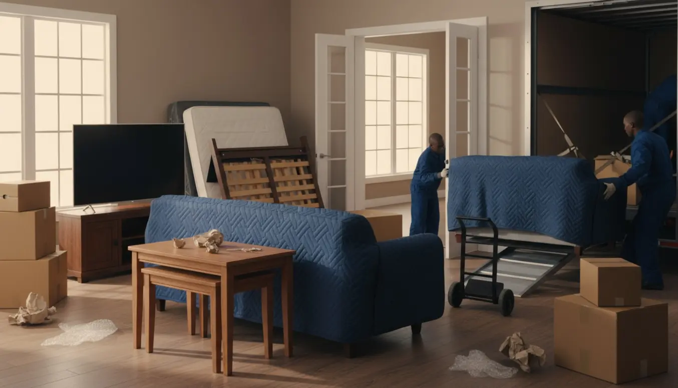 Flyttefolk læsser to sofaer, en adskilt seng, tv, tv-bord, skrivebord og spiseborde ind i en flyttebil.