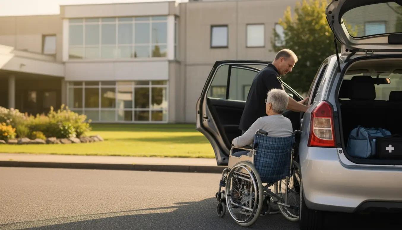 En hjælper assisterer en ældre person ind i en bil ved hospitalets indgang med kørestol og rejsebagage i baggrunden.