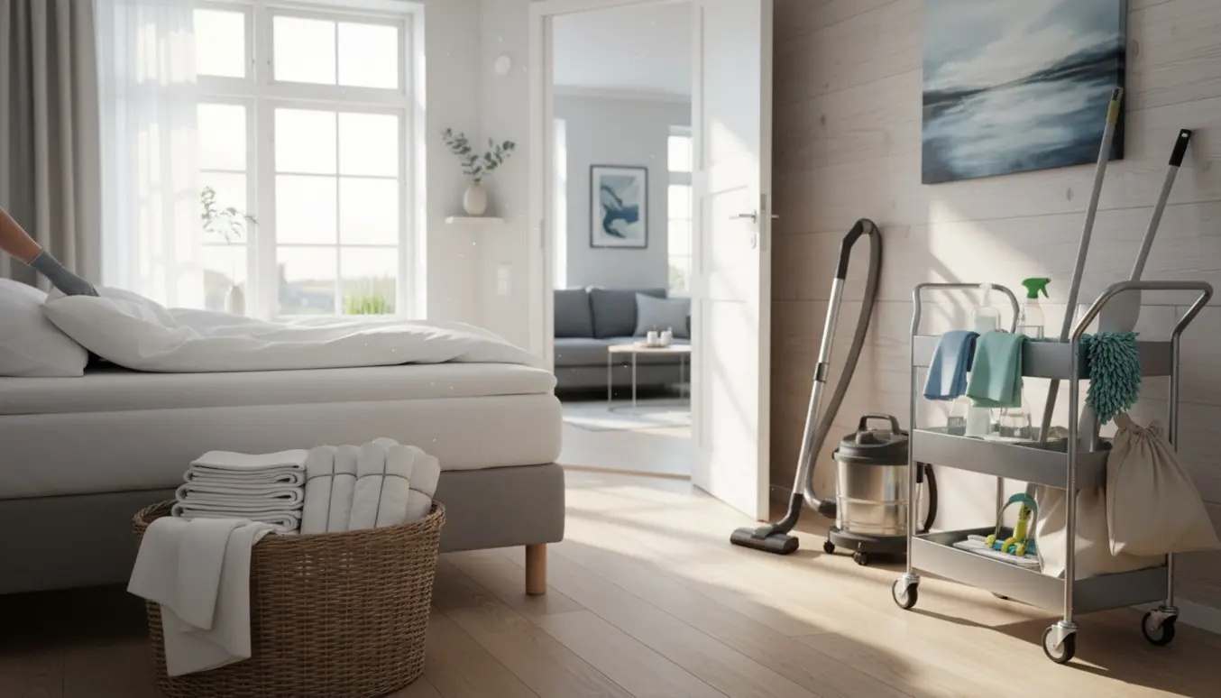 Rengøringsvogn og frisklagte senge i en lys, skandinavisk Airbnb-lejlighed.