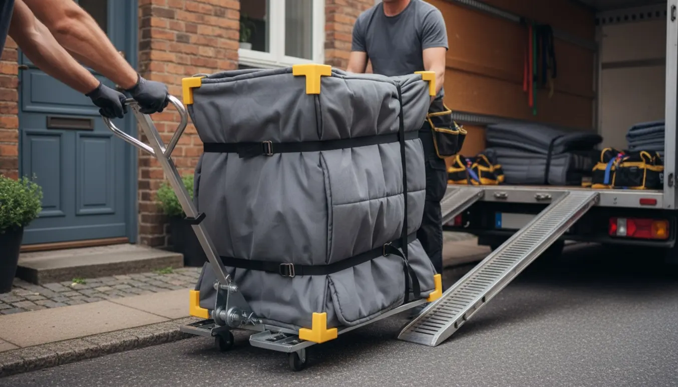 To personer læsser en vaskemaskine på en transportvogn foran en stueetage med flyttevogn i baggrunden.