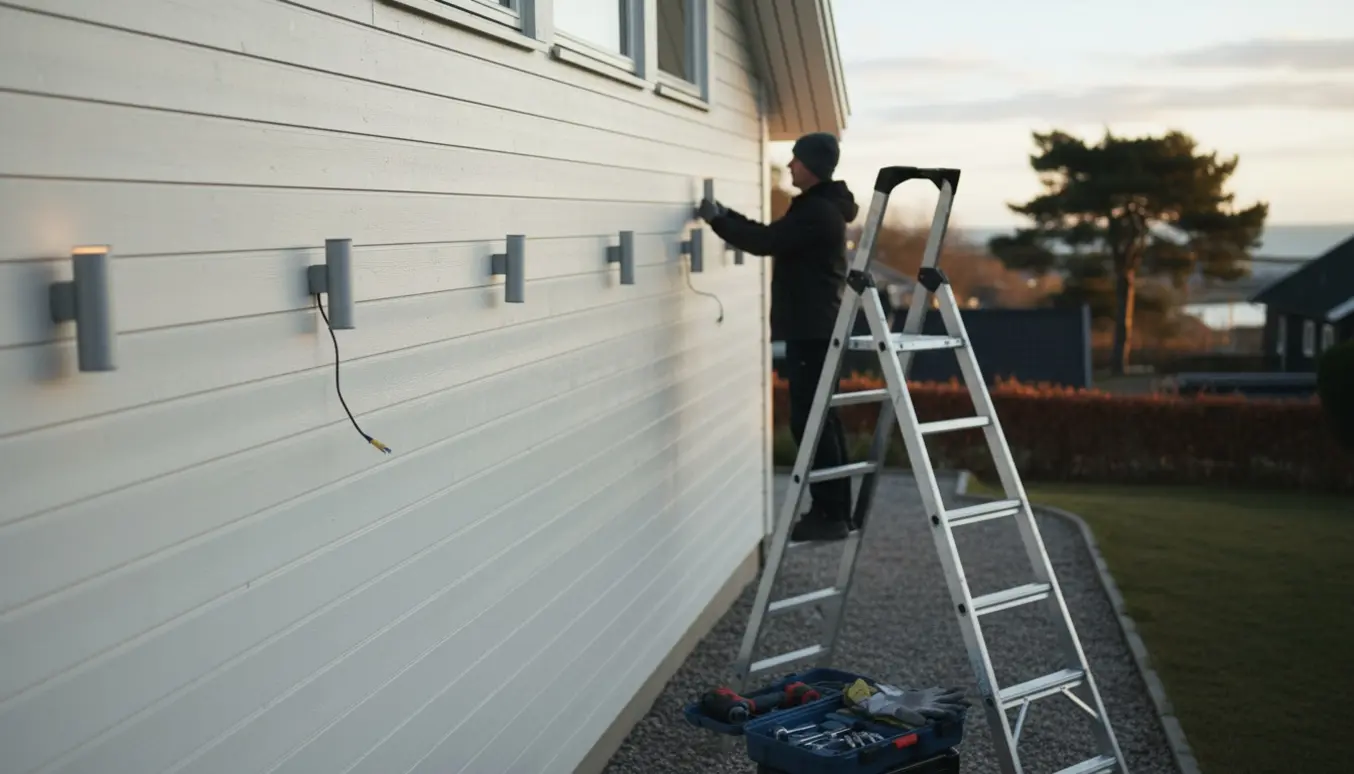 Tekniker på stige monterer moderne væglamper på en hvid træfacade i Vedbæk med værktøj ved siden af.