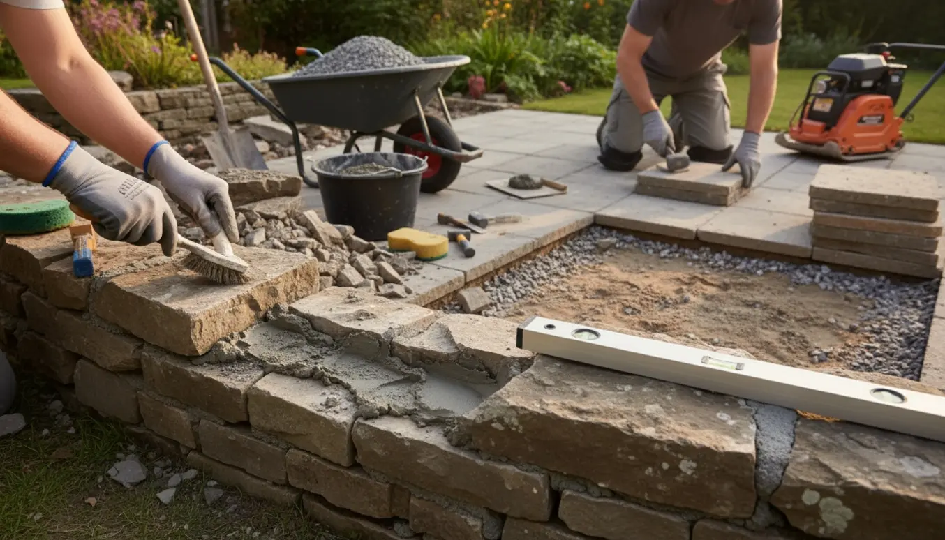 Håndværkere genopretter en revnet kampestensmur og løfter en sunket terrasse med værktøj og frisk mørtel.