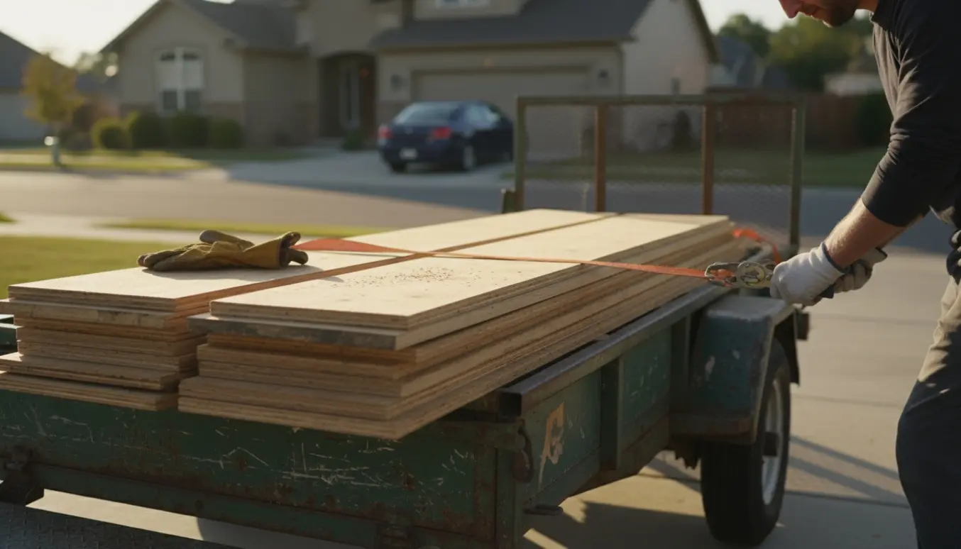 En lille bunke tynde træplader spændt fast på en åben trailer klar til bortkørsel.