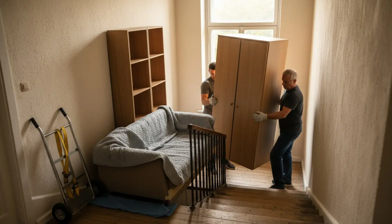 To hjælpere og en mand bærer et klædeskab og en sofa ned ad en solbeskinnet trappe, ansigter ikke synlige.